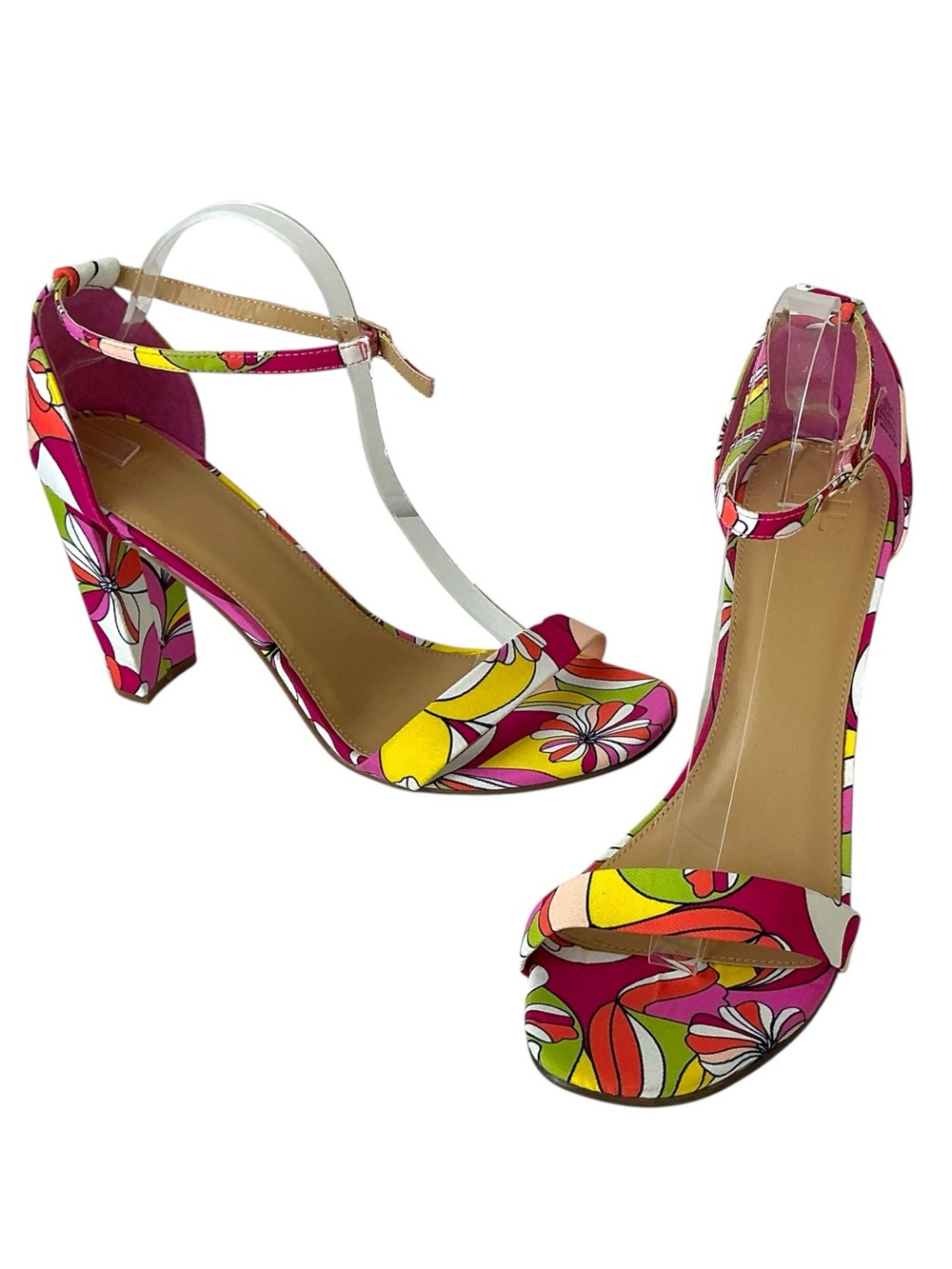 JustFab Sandal Block Heel Bold Floral Lorelai 4” High Heel Pink Green Size 11 - Picture 5 of 16